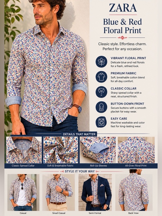 Zara Other - Zara Men's Button-Down Shirt with Blue and Red Floral Print